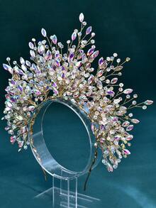 1pc Gorgeous Rhinestone Crystal Crown Hair Hoop Exquisite Women's Hair Accessories Fashion Wedding Party Holiday Party Headband - Gold - View 8