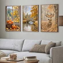 3-Piece Frameless Canvas Wall Art Set, Warm Autumn Pumpkin And Stag Forest Bridge Print, Suitable For Living Room And Bedroom Rustic Decor Poster, Autumn Holiday Gift - Green - View 1