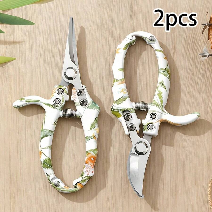 2pcs Gardening Pruning Shears Set, Stainless Steel Curved Blade & Straight Blade Plant Trimming Scissors, Spring-Assisted Gardening Tools, Suitable For Yard, Bonsai, Floral Crafts And Vegetable Harvesting - A - View 1