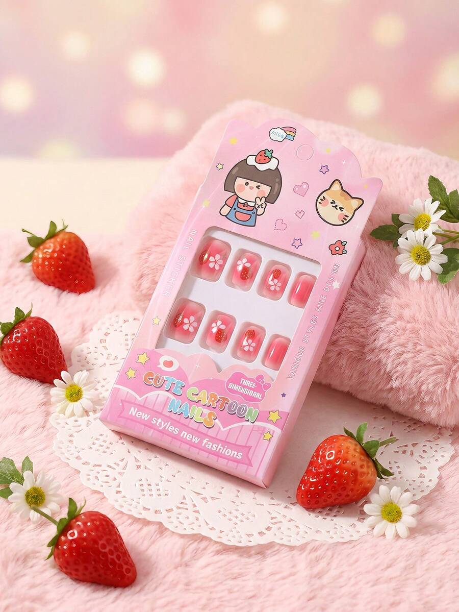 24pcs Kids Girls Press-On Short Artificial Nails, Cute Strawberry & Flower Gradient Design, Pre-Glued Full Coverage Acrylic Nail Tips Set, Suitable For Children Girls Nail Decoration (Strawberry Girl) - Multicolor - View 1