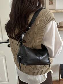 Tas Bahu Kulit Resleting Desain Niche untuk Gadis Keren, Tas Lengan Gaya Vintage Eropa dan Amerika dengan Kantong Resleting, Produk Baru - Hitam - View 3