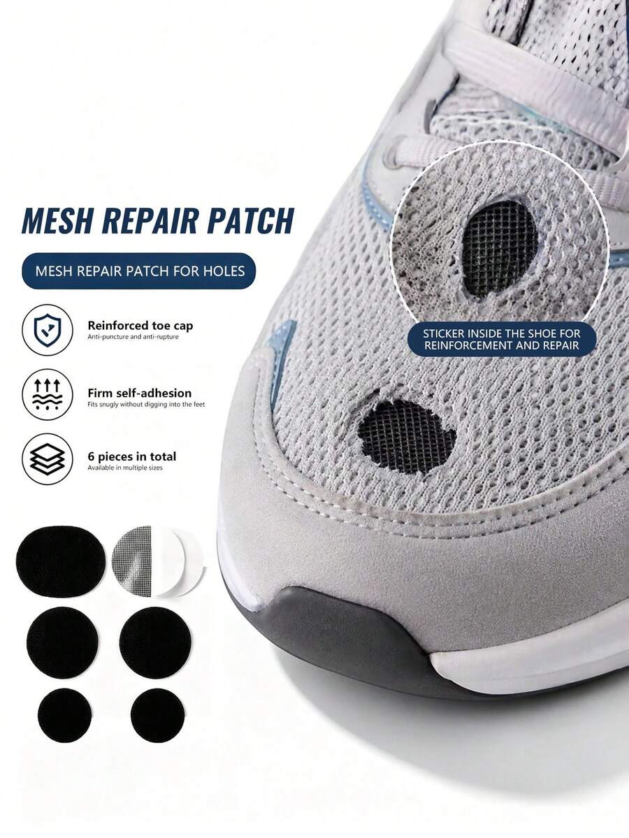 1pc/6pcs Self-Adhesive Shoe Repair Patch, Mesh Shoe Lining Repair Sticker, Sports Shoes Upper Repair Accessory - Black - View 1