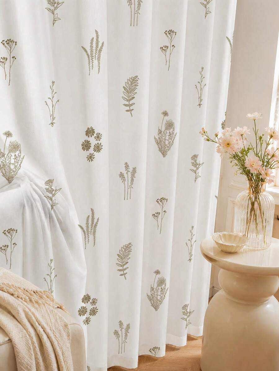 2PCS Blue Wildflower Print High Density Mesh Curtains, Botanical Light Filtering Rod Pocket Window Panels - Multicolor - View 1