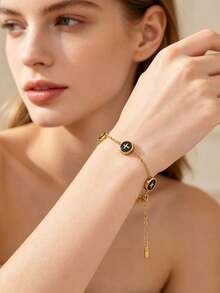 Vintage Enamel Round Disc Bracelet, 18K Gold Plated Stainless Steel, Classic Logo Chain Jewelry For Women - Cross Bracelet - View 2