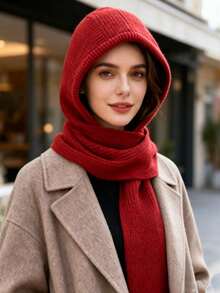 Women's Fashion Versatile Solid Color Scarf-Style Knitted Hat (Grey/Red/Black/White 4 Colors Available) Warm Ear Protection For Autumn/Winter. This Balaclava Wool Hat Is Suitable For Daily Outings, Shopping And Travel. - Multicolor - View 2