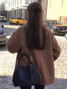 Fashion Women's Regular Length Brown Long Sleeve Collared Shacket, Woven Fabric, Button Front - Coffee - View 4