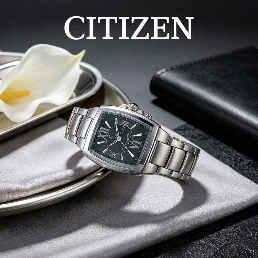Women's CITIZEN -Drive Watch Rectangular Stainless Steel Bracelet Dark Textured Dial Roman Numerals Date Display Vintage Office Watch - Black - View 1