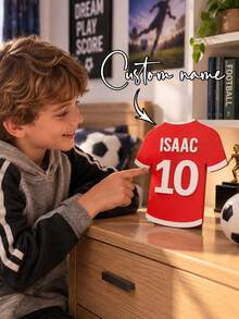 1pc Personalized 3D Printed Soccer Jersey Plaque, Customizable Name & Number Football Shirt Desktop Display, Sports Style Custom Commemorative Sign, Jersey Shaped Decorative Plaque, Sports Theme Custom Souvenir, Desktop Shelf Art Decor, Unique Customized Gift For Baby Celebration, Soccer Style Custom Desktop Display Sign - Multicolor - View 2