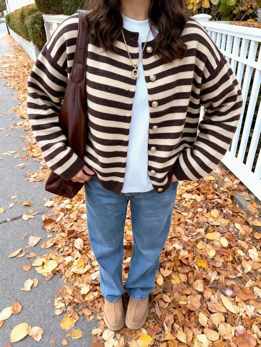 MORI 秋冬女款毛衣 優雅休閒 Y2K 風棕色條紋圓領開襟鈕扣寬鬆針織開襟衫上衣 日常街頭穿搭