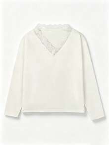 Women's Fashion Elegant Versatile Solid Color Lace Patchwork V-Neck Long Sleeve Casual Sweater - White - View 10