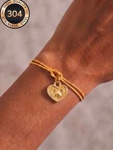 1pc Women's Golden Heart Charm Bracelet, Embossed Pattern Adjustable Double Cord Wrist Accessory - Gold - View 6