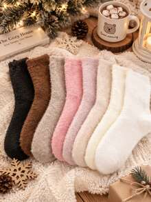 Solid Color Fluffy Fuzzy Women Winter Socks Soft Warm Plush Mid Calf Socks Comfortable Sleeping Home Socks - Multicolor - View 5