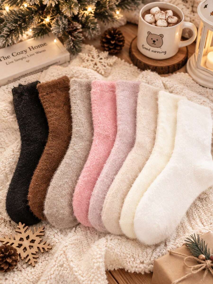 Solid Color Fluffy Fuzzy Women Winter Socks Soft Warm Plush Mid Calf Socks Comfortable Sleeping Home Socks - Multicolor - View 1