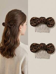 2pcs Leopard Print Bow Hair Clips, Hair Comb Hair Clips, Hair Organizer, Princess Style Bangs Clip - Multicolor - View 1