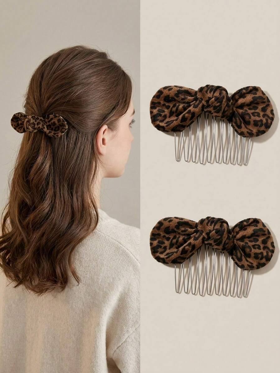 2pcs Leopard Print Bow Hair Clips, Hair Comb Hair Clips, Hair Organizer, Princess Style Bangs Clip - Multicolor - View 1