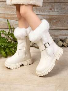 1 Pair Fuzzy High-Top Girls' Boots, Cute Functional Style With Buckle Design, Warm And Non-Slip, Suitable For Autumn/Winter, Daily Parent-Child Outings, School, Christmas New Arrival - White - View 1