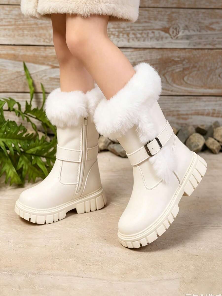 1 Pair Fuzzy High-Top Girls' Boots, Cute Functional Style With Buckle Design, Warm And Non-Slip, Suitable For Autumn/Winter, Daily Parent-Child Outings, School, Christmas New Arrival - White - View 1