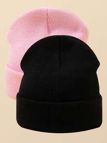 2pcs Unisex Outdoor Warm Solid Color Knit Beanie Hat Suitable For Daily Wear - Black + Pink - View 2