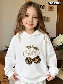 Kids Hoodie: Leopard Cherry Print & 'Cherry' Text, Loose Fit, Breathable & Comfortable, Casual Cute Style For Spring/Autumn Daily Wear & Outdoor - White - View 3