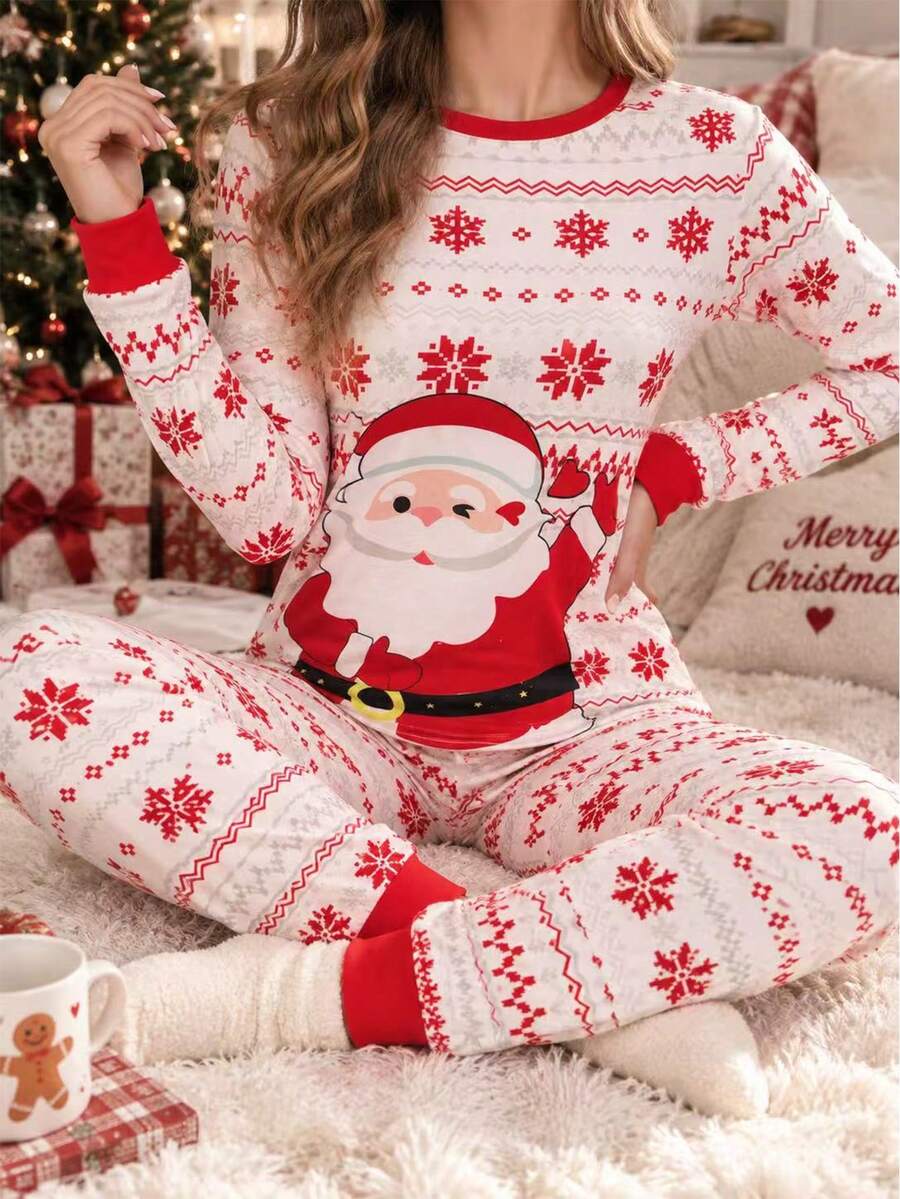 2pcs Women Comfortable Christmas Pajama Set, Soft Fabric Sleepwear Homewear Suit