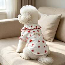 1PC Cute Ruffle Collar Dog T-Shirt With Pearl Bow Decor, Strawberry Heart Cherry Print Ribbed Knit Puppy Short Sleeve Top, Soft Pet Clothes For Small Dogs Bichon Teddy Daily Outfit - Multicolor - View 3