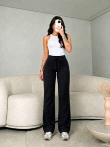 Women's Casual Commuting Minimalist Solid Color Elastic Waist Flare Pants - Black - View 3