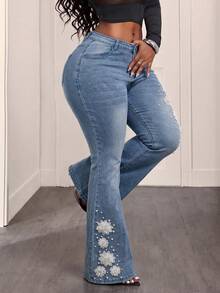 Plus Size Fashion Denim Flare Pants With Pearl And Floral Applique, Mid-Stretch, Long Zipper Fly - Blue - View 3
