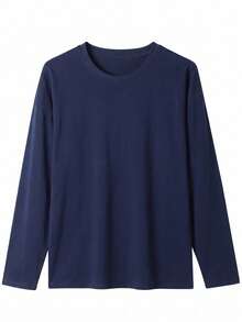 Women's Solid Color Crew Neck Long Sleeve T-Shirt, Casual Autumn Regular Fit Top - Navy Blue - View 5