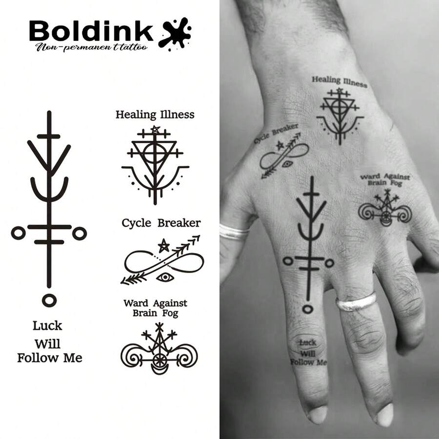 Boldink 1PC Healing Rune & Manifestation Temporary Tattoo Sticker, Waterproof Body Art Tattoo, Lasts 1-2 Weeks, Plant Juice Formula, And Gentle, Non-Irritating, Perfect For Daily Outfit Styling, Body Decoration, Unisex Chinese Style Gift, Must-Have For People