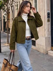 Women Fall Elegant Lapel Long Sleeve Jacket, Epaulet Button Cuff Cropped Loose Fit Daily Street Vacation Outerwear - Army Green - View 10