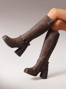 Women's Chunky Heel Platform Knee-High Boots Square Toe Side Zipper Adjustable Straps Buckle Decorated Motorcycle Riding Boots - Brown - View 3
