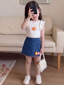 Vihyde 2pcs/Set Young Girls' Sweet Casual Textured Frill Trim Flutter Sleeve Top & 3D Floral Decor Wavy Hem Skirt - White - View 2