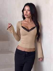 Autumn Contrast Color Lace Trim Patchwork Long Sleeve Top, Casual Basic Tank Top For Daily Wear, Dating, Party - Khaki - View 5