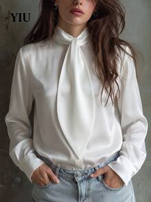 YIU LUMOS Women's White Satin Blouse, High Neck Bowknot Puff Sleeve Shoulder Design, Elegant Vintage Office Top, Suitable For Work, Daily Wear, Dating, Spring/Autumn - White - View 2