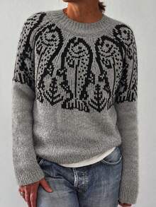 Women's Fashion Loose Casual Comfortable Fish Scale Pattern Colorblock Sweater - Grey - View 5