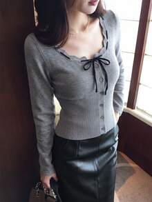 Grey Wavy Ruffle Collar Tie-Front Bow Knitted Cardigan Women's Slim Fit Ruffle Cuff Long Sleeve Top Base Layer - Grey - View 2