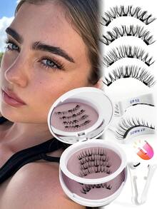 MAANGE 2 Pairs CC Curled Magnetic False Eyelashes Set, With Reusable Eyelash Applicator, No Glue Needed, Cartoon Style False Eyelashes, 1 Eyelash Applicator, Perfect Fit For Eye Contour, Natural Cartoon Style False Eyelashes, Mixed Design, 3D Thick False Eyelash Strips, Create Charming Lifted Eye Makeup, Eyelash Extension Set, Women's Gift, Summer Travel Essential (First-Time Wear Of Magnetic False Eyelashes May Require Multiple Attempts) - Multicolor - View 3