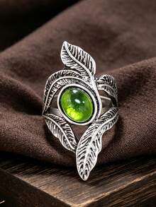 1pc Vintage Feather-Shaped Inlaid Synthetic Emerald Ring, Bohemian Leaf-Shaped Alloy Personalized Accessory - Silver - View 5