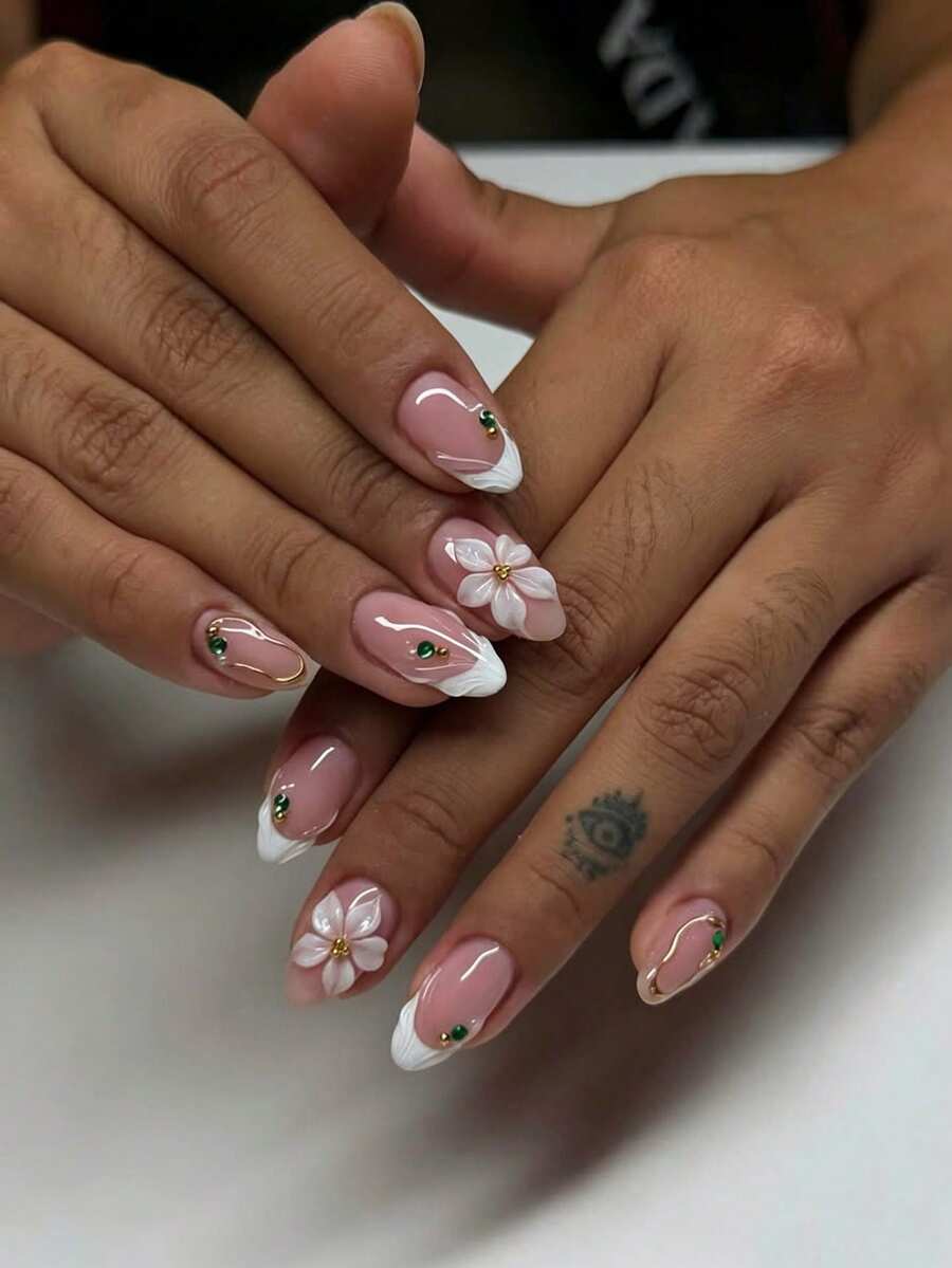 24片短杏仁形秋季假指甲,白色法式3D白花金水滴綠色水鑽美甲,可愛合金壓克力穿戴式凝膠指甲套組(含1片果凍膠與1片指甲锉),適合女性日常配戴與約會 - 彩色 - 查看 1
