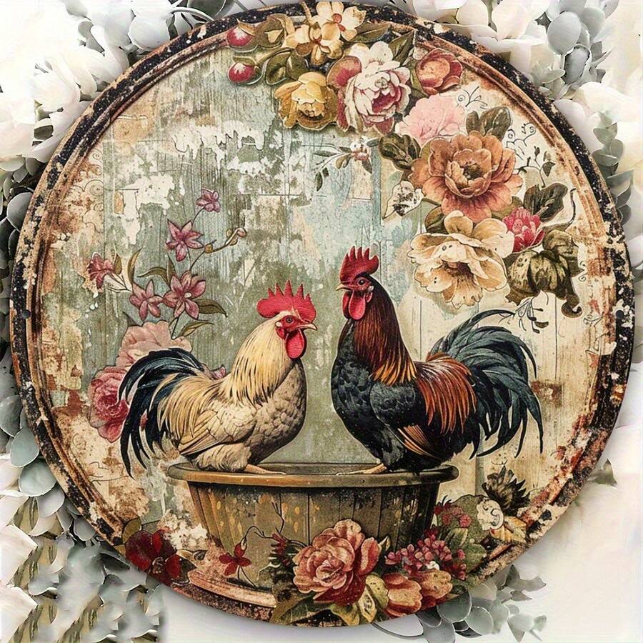 1 buah cetakan datar ukuran 7,87 x 7,87 inci, menampilkan ayam jantan dan ayam betina bergaya vintage di bak mandi. Termasuk plakat gantung dinding bergaya pedesaan dengan desain bunga, sempurna untuk dekorasi rumah. (Posisi lubang acak)