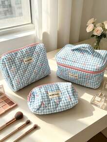 1pc/Set Blue Bow Quilted Travel Makeup Bag, Large Capacity Multi-Functional Toiletry Bag, Multi-Pocket Cosmetic Storage Bag, Suitable For Vacation, Gym, Beach And Bathroom Use, Portable Women's Girls Storage Organizer Bag - Blue - View 3