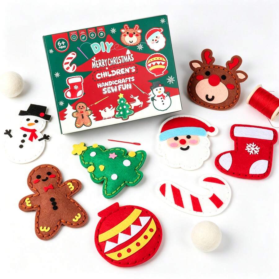 DIY Christmas Felt Sewing Kit, 8 Pack Hand-Sew Craft Ornaments With Random Color Needles, Random Color Sewing Thread & Random Color Bead Chains, Ideal Holiday Gift For Boys Girls - Multicolor - View 1