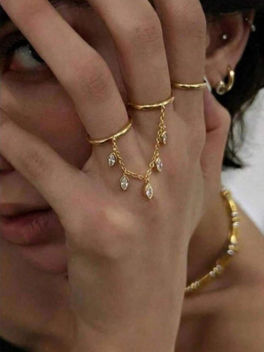 1pc Creative Water Drop Zirconia Tassel Finger Ring, Adjustable Design, Suitable For Women's Evening Party, Formal Occasions Accessory - Style 1 - View 1