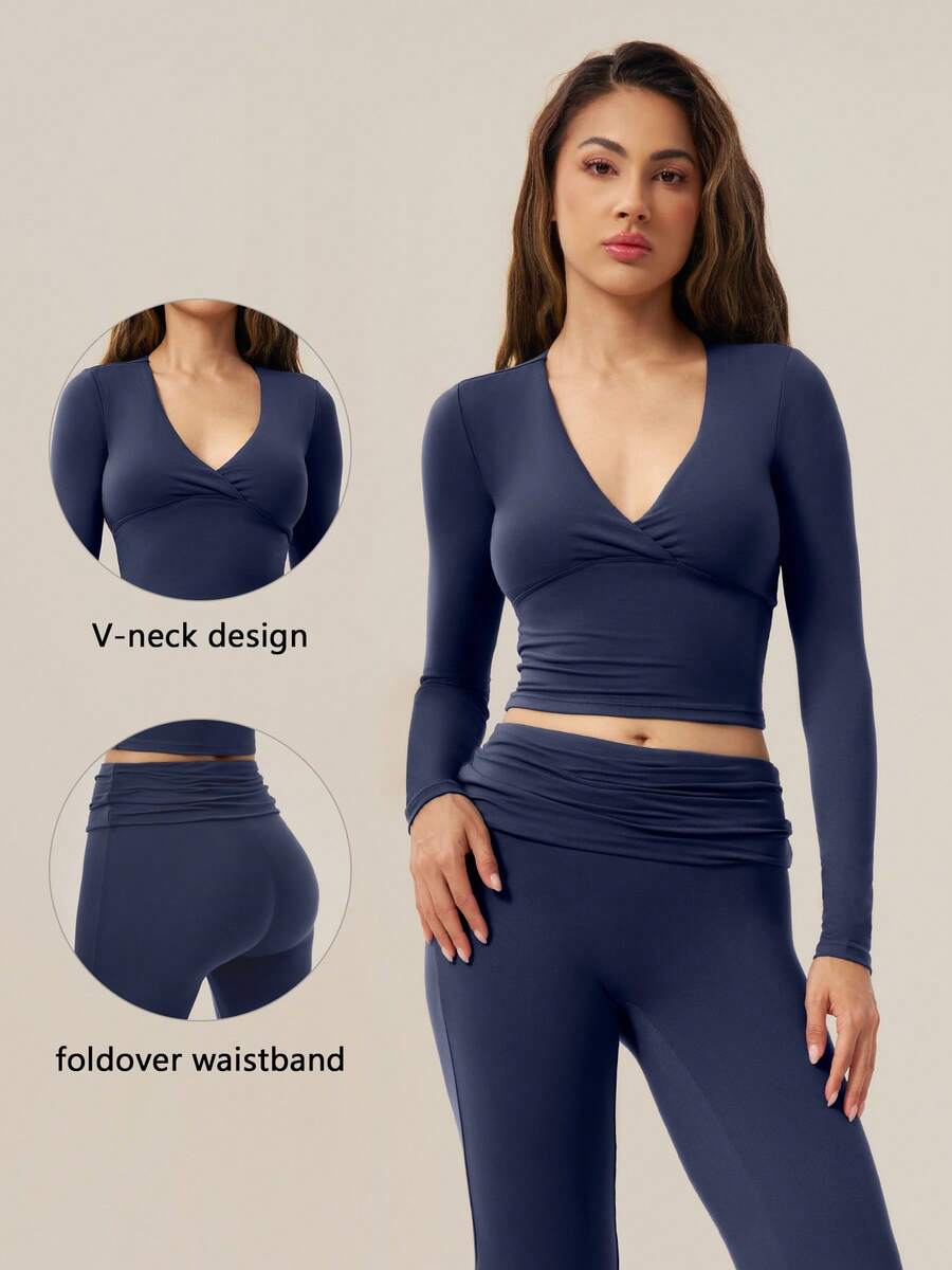 TimeOff Women's One Set Solid Color Deep V-Neck Front Twist Long Sleeve Fold Waist Flare Pants Sports Set - Navy Blue - View 1