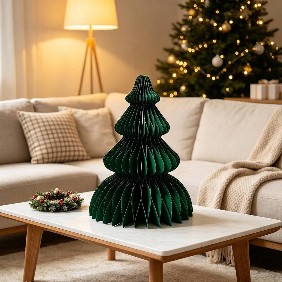 1pc Paper Honeycomb Christmas Tree Decoration, Creative Multi-Layered Green Shape With Glitter Powder Perfect For Christmas Scene Decoration,Christmas - Green - View 1