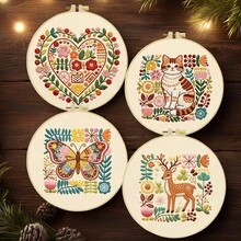 1PC 20*20cm/7.9*7.9in,Flowers And Animals Embroidery Kit, DIY Handmade Embroidery Set For Adult Beginners, Home Gift, Women's Sewing Gift, Including User Manual, Printed Pattern Fabric, Embroidery Frame, Needle And Thread. - 20*20cm/7.9*7.9in - View 3