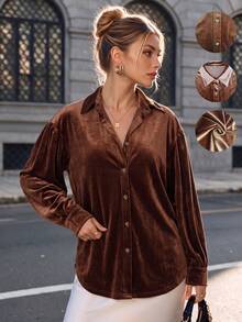 Plus Size Brown Velvet Button Shirt With Lantern Sleeves, Women's Autumn Wear - Brown - View 5