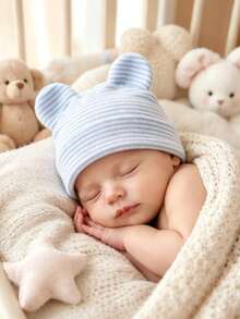 1Pc Striped Newborn Baby Beanie Bonnet Cute Ear Shape Knit Infant Hat Winter Baby Bonnet Newborn Baby Essentials For Daily Wear Baby Shower Gift - Multicolor - View 2