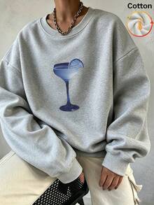 Stylish Gray Women's Sweatshirt, Long Sleeve Round Neck Drop Shoulder Pullover With Unique Cocktail Graphic, Warm And Comfy Fall Top,Pull - Gray - View 4