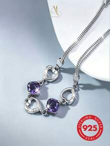 1pc Romantic Purple Style 925 Silver Square Amethyst Hollow Heart Rhinestone Snake Chain Bracelet, Suitable For Women's Daily And Date Wear - Silver - View 6